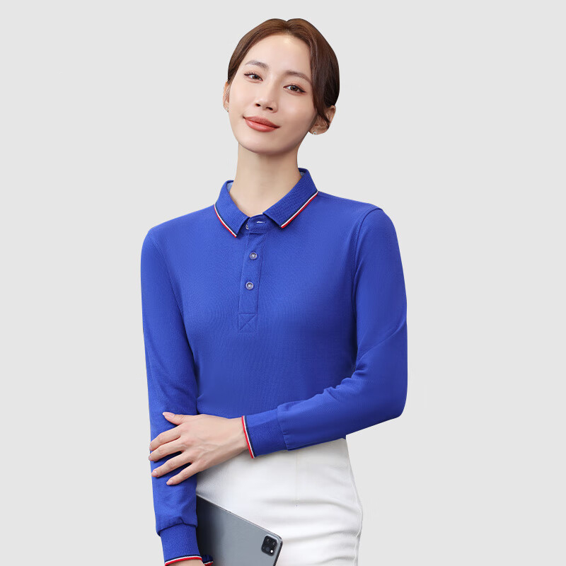 春秋长袖POLO衫工服企业文化衫团建团体服可定制logo 宝蓝 XL【尺码备注】