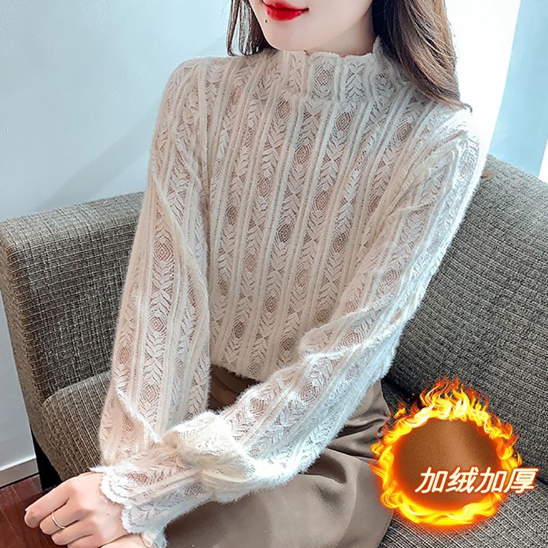 权小威 半高领磨毛蕾丝打底衫女内搭秋冬2022新款高级感木耳边长袖上衣女