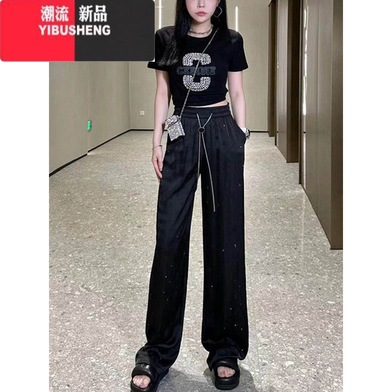 YIBUSHENG醋酸缎面阔腿裤女季加长高腰显瘦直筒裤烫钻印花垂感拖地休闲拖高清大图