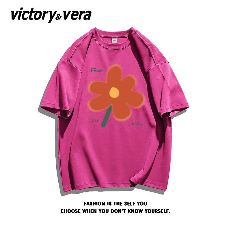 VICTORYVERA盐系花朵印花ins清纯短袖t恤女夏季2022宽松纯棉上衣