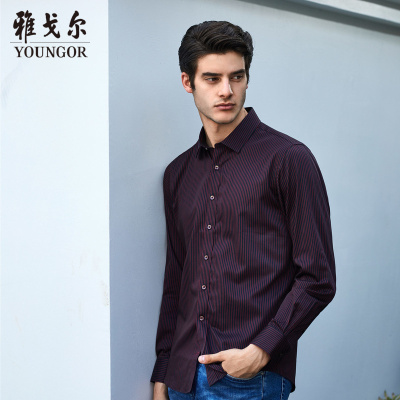Youngor/雅戈尔春秋季男士长袖免烫衬衫官方商务休闲修身棉条纹衬衣7749