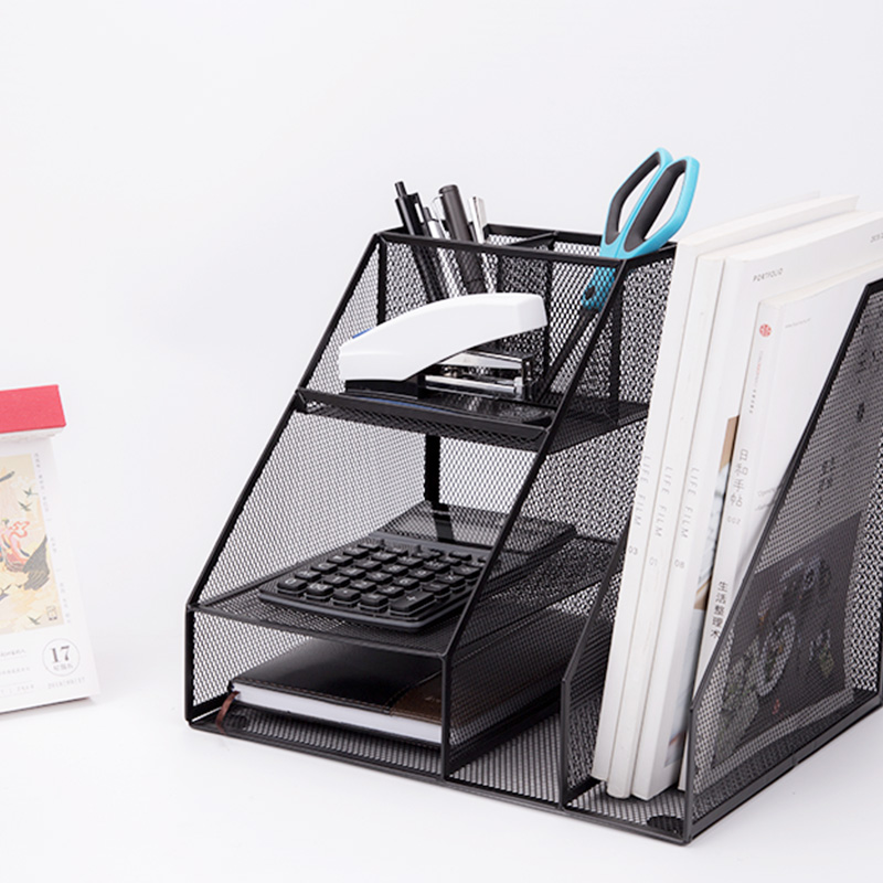 广博 (GuangBo) 金属网状多功能文件框/文件筐/带笔筒收纳架办公用品 黑 WZ9316
