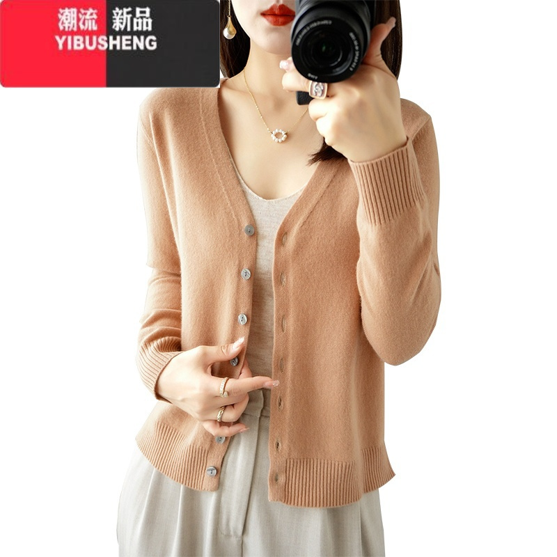 yibusheng特价春秋新款v领开衫女衫宽松外套针织衫薄短款外搭毛衣