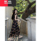 YIBUSHENG温柔风黑色碎花小飞袖连衣裙女季设计感小众收腰显瘦A字长裙子