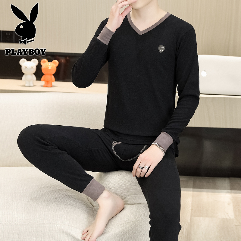 花花公子新款纯棉V领秋衣秋裤套装男棉毛衫保暖内衣套装_756高清大图
