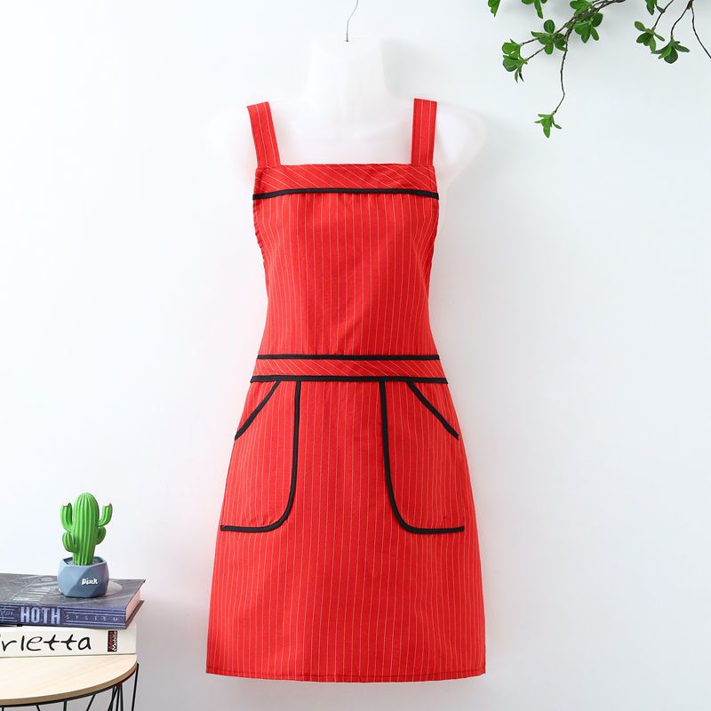 简约条纹红-背带 女士围裙厨房家用防污薄款背带式拉链兜夏天透气上班