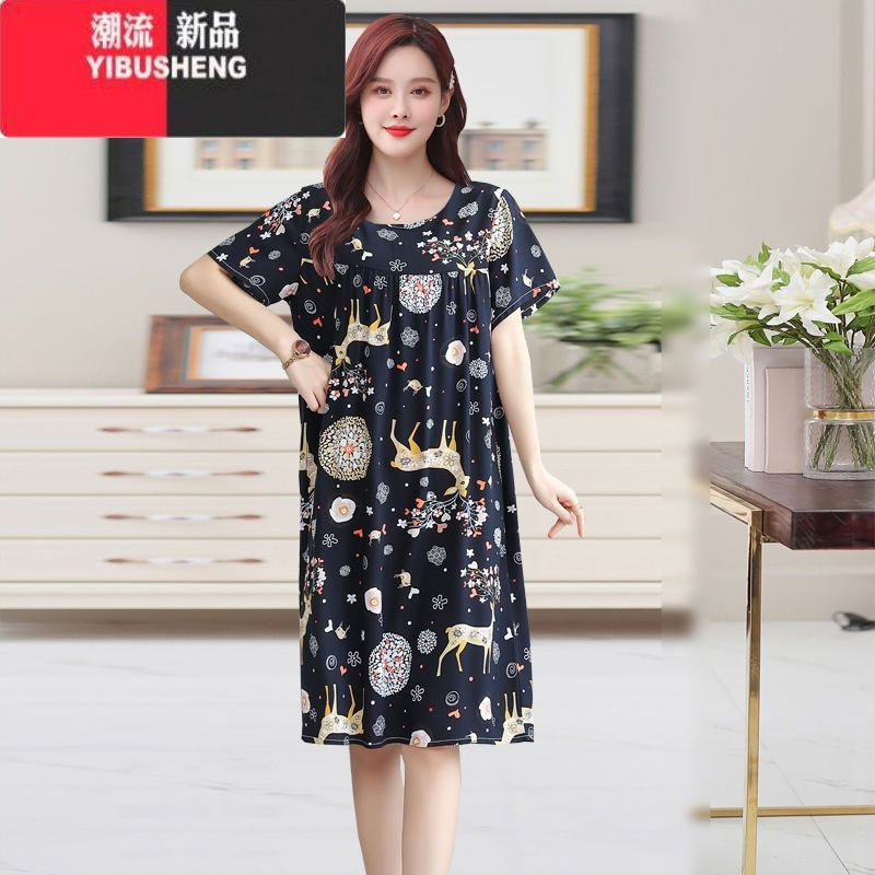 YIBUSHENG2023新棉绸睡裙女季睡衣人造棉连衣裙子中长款大码家居服休闲装