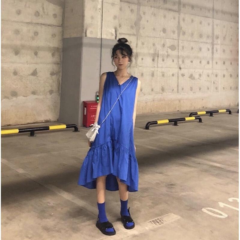 夏宽松荷叶边鱼尾背心连衣裙女蓝色均码