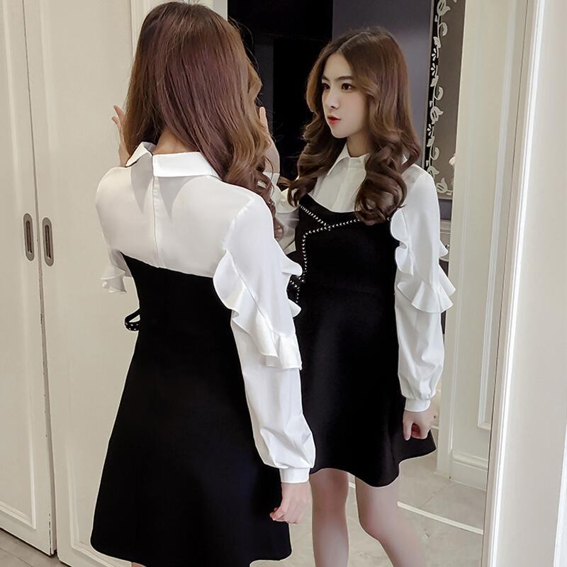 2018早春新款女装长袖T恤女中长款时尚上衣娃娃领打底小衫潮黑色