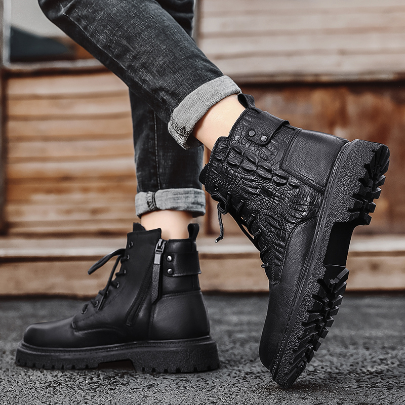 木林森黑色马丁靴男士秋冬新款英伦风中帮皮靴工装短靴男鞋子高帮潮流