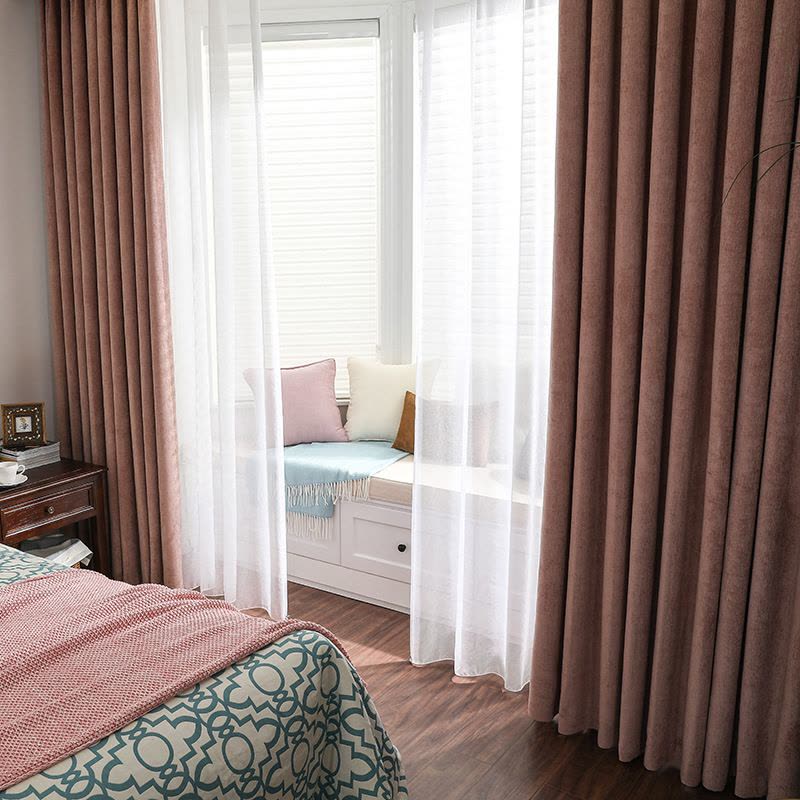 幸福派 遮光窗帘北欧简约现代轻奢挂钩窗帘打孔窗帘雪尼尔窗帘飘窗客厅帘子遮阳布拼色儿童房窗帘轻奢卧室挂钩纯色窗帘图片
