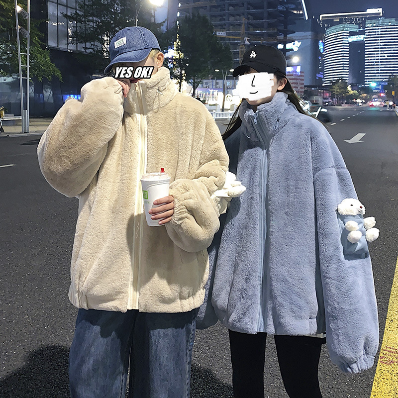 茜靓CHYLLIRN男冬季棉衣加绒加厚小熊情侣潮牌ins宽松棉服绒毛港风