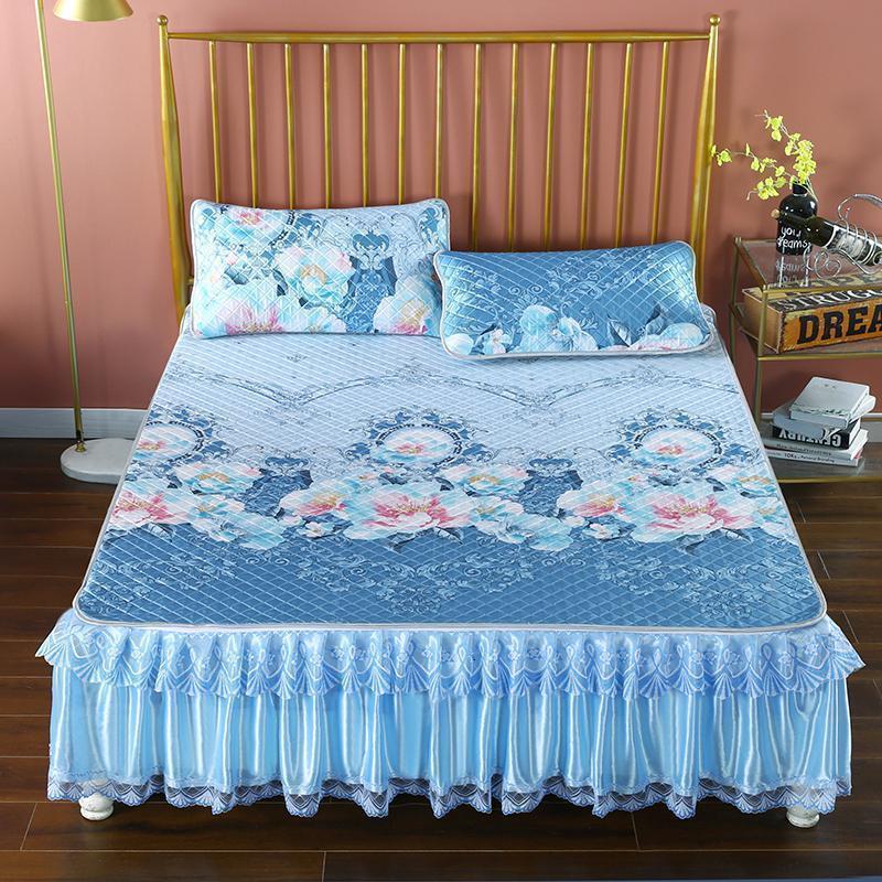 家柏饰(CORATED)冰丝凉席三件套欧式夹棉床裙款可水洗折叠蕾丝床罩防滑空调软席子 宫廷花苑 2.0m（6.6英尺）床