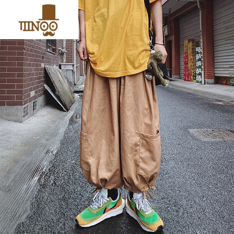 yanxu复古宽松嘻哈阔腿低档垮裤休闲哈伦工装九分束脚灯笼裤男潮