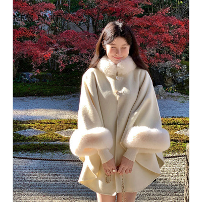 NEW LAKE休闲复古宽松慵懒双面毛呢子斗篷大衣女冬季高级感英伦风毛领外套