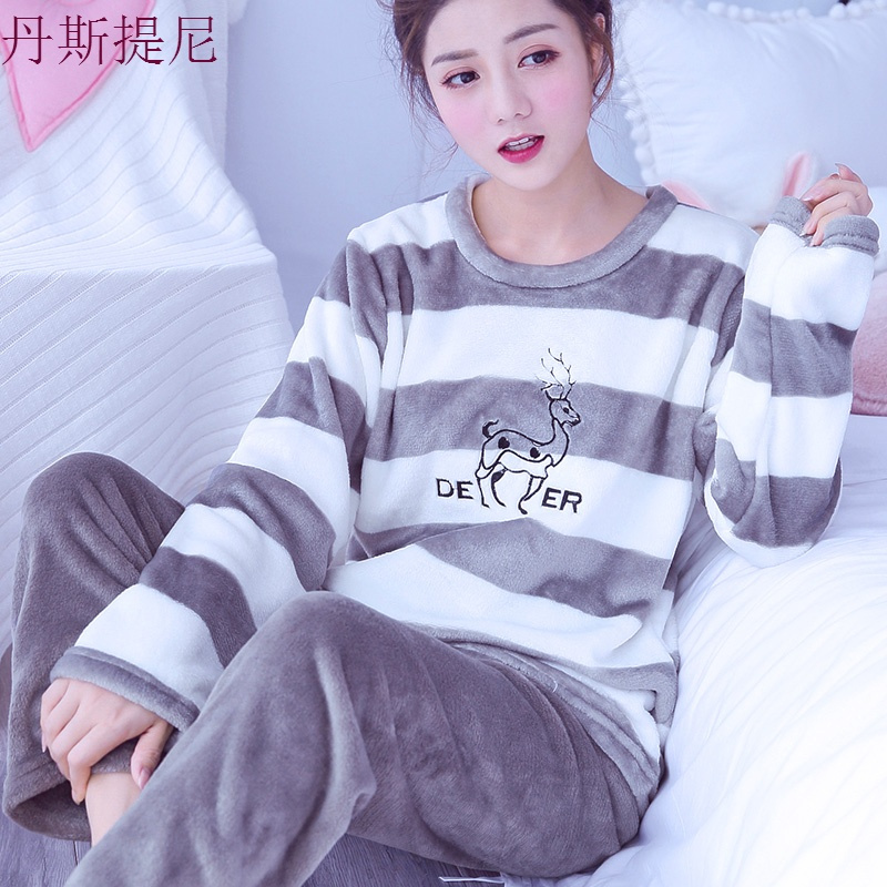 珊瑚绒睡衣女冬季春秋加厚加绒法兰绒套头套装韩版可爱家居服大码