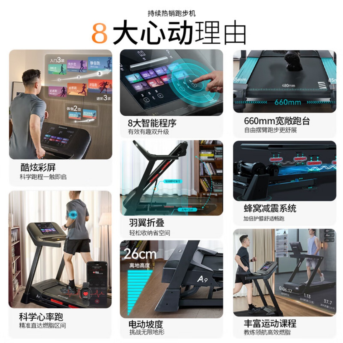 舒华(SHUA)小型家用跑步机家庭用A9爬坡走步机减震室内静音可折叠马拉松奥运 炫彩屏版-蜂窝减震/10%坡度高清大图