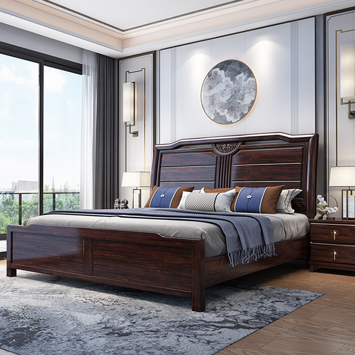 8米双人紫金檀木主卧床现代红木禅意卧室家具