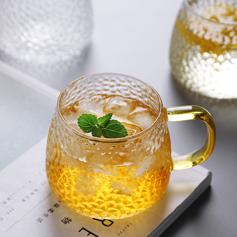 三维工匠带把玻璃杯手柄透明ins风茶杯喝水杯家用带把手简约杯子 三 升级款-怡兰锤纹杯350(带盖带茶隔)-透明手柄