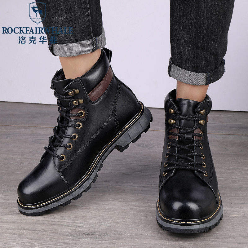 洛克华菲马丁靴男款新款男士高帮工装靴子英伦风中帮加绒黑色皮靴子