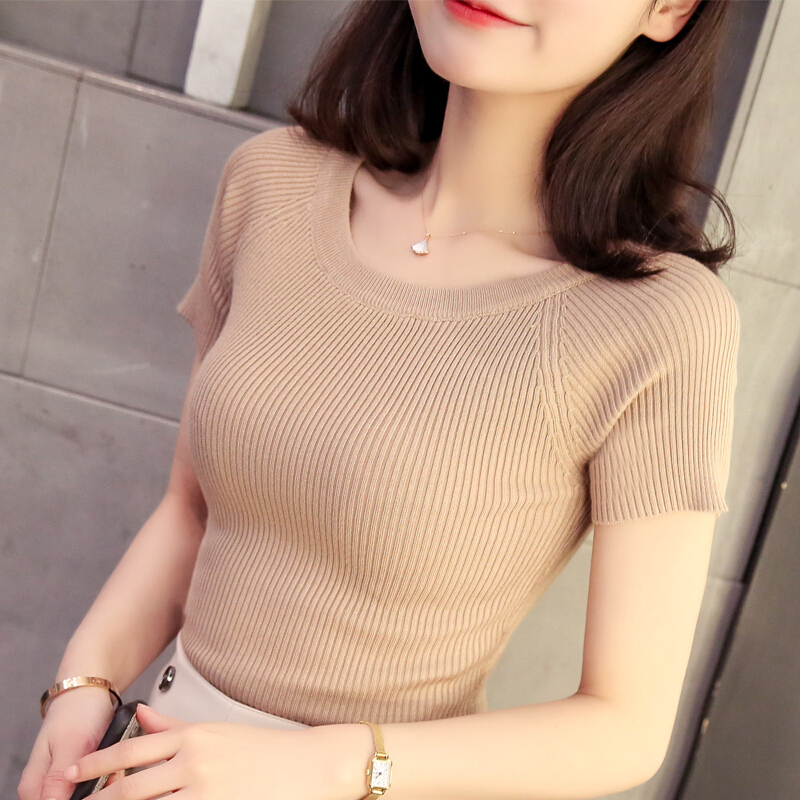 低领短袖女装上衣外穿修身冰丝针织衫短款紧身打底衫女春秋薄毛衣