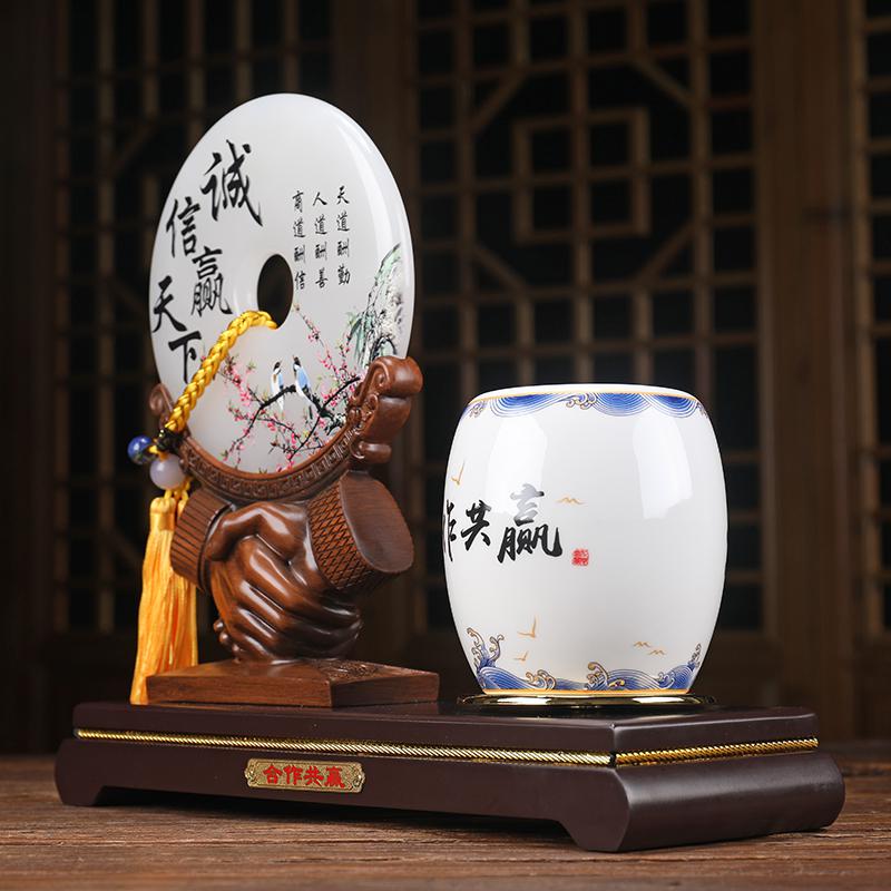 美帮汇平安扣笔筒摆件合作共赢诚信握手中式办公室书桌房博古架装饰礼品高清大图