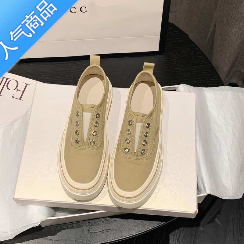 SUNTEK夏季薄款透气厚底帆布鞋女2023新款一脚蹬懒人鞋小白鞋百搭乐福鞋高清大图