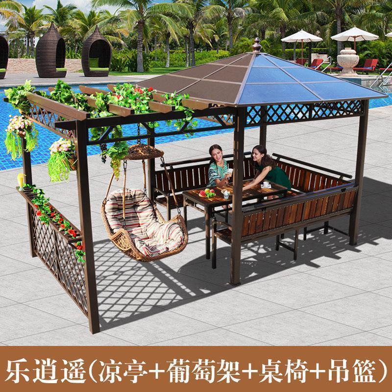森美人凉亭户外庭院实木铁艺遮雨棚亭子防腐木秋千桌椅花园休闲亭葡萄架 组合凉亭（凉亭+葡萄架+桌椅+吊篮）-GD