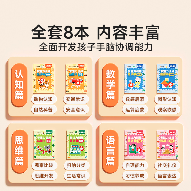 [全8册]专注力训练贴纸书 [正版]儿童专注力贴纸游戏书全套8册宝宝幼儿园语言启蒙认知脑力思维开发专注力训练一日一练儿童高清大图