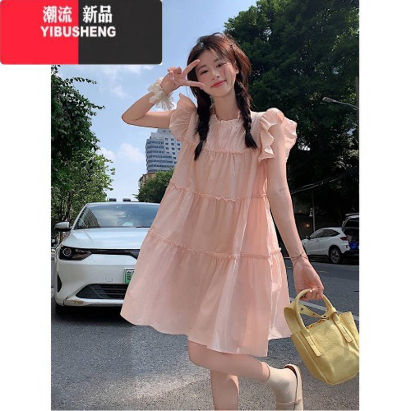YIBUSHENG粉色小飞袖连衣裙女季2024新款奶系穿搭甜美初恋小个子娃娃裙子