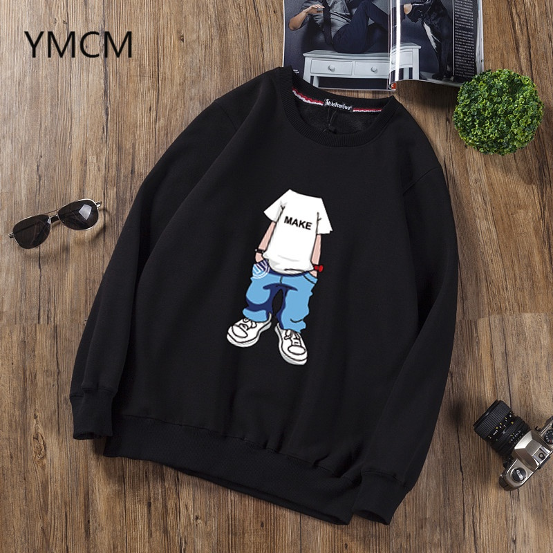 YMCM男装冬季男装外穿宽松胖子男大码卫衣加绒保暖圆领长袖T恤加厚打底衫