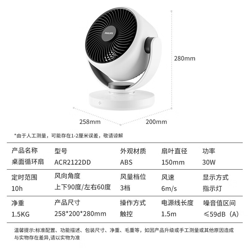 飞利浦(PHILIPS)空气循环扇家用台式电风扇节能大风量电扇客厅桌面小风扇宿舍台扇换气扇落地扇ACR2122DV高清大图