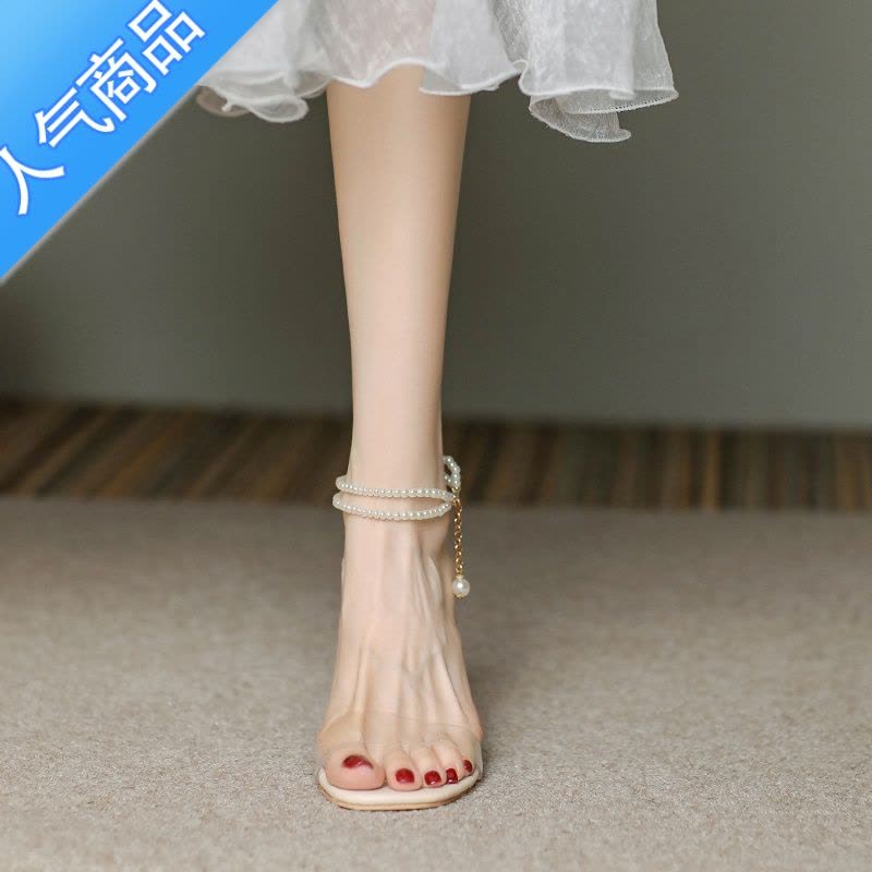 SUNTEK法式气质珍珠凉鞋女夏季粗跟水晶鞋温柔仙女风伴娘鞋不累脚高跟鞋图片