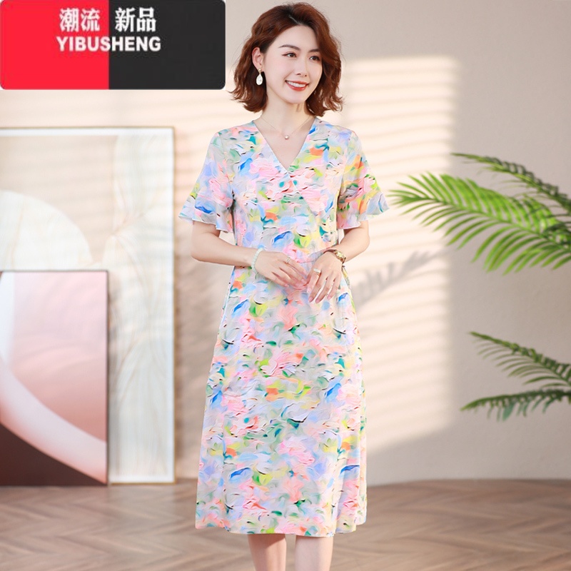 YIBUSHENG2024新款高级棉绸连衣裙女季人造棉碎花大摆裙显瘦外穿绵绸裙子 多彩行云喇叭袖口 2XL建议125-135斤