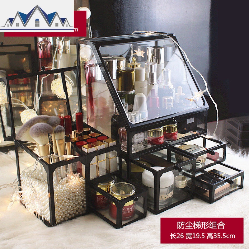 欧式玻璃化妆品收纳盒组合套装防尘口红护肤化妆刷桌面透明置物架 三维工匠高清大图