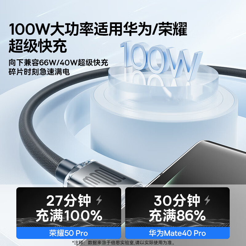 倍思 Type-C数据线适用100W/66W华为充电线6A快充线Mate50Pro/P50/40荣耀小米手机5A线 2米