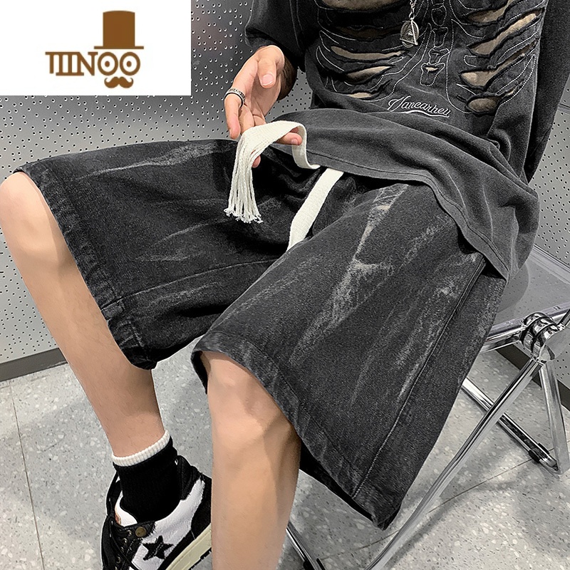 YANXU扎染牛仔短裤男士夏季薄款大码直筒宽松中裤美式潮牌五分裤子男款