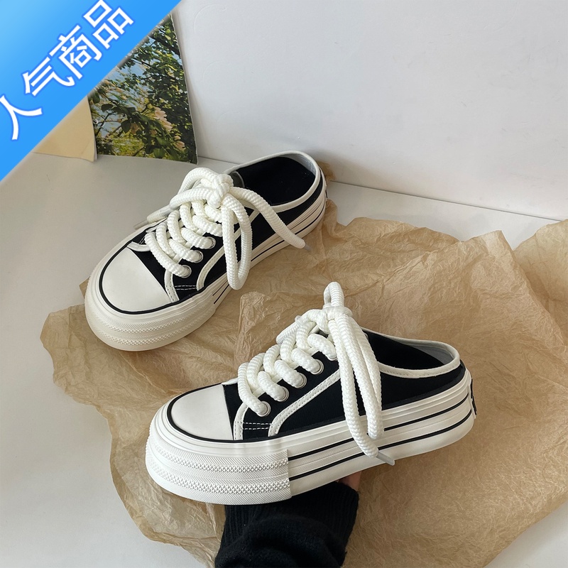 SUNTEK奶白两穿半拖帆布鞋女2023新款夏季小白鞋女百搭小众一脚蹬懒人鞋高清大图