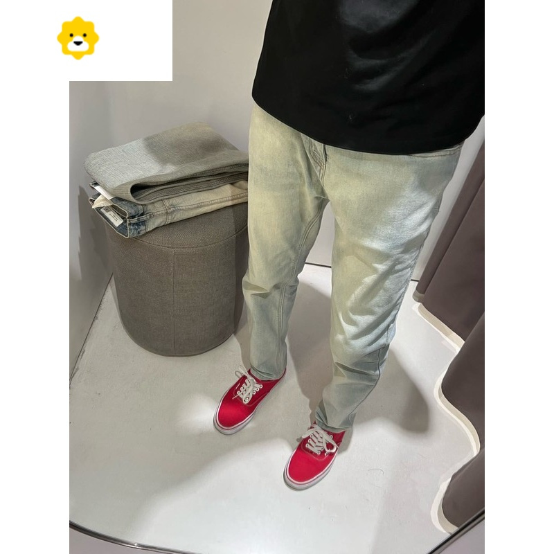 fish basket新款毛边刺绣字母牛仔裤男网红同款潮百搭显瘦弹力小脚