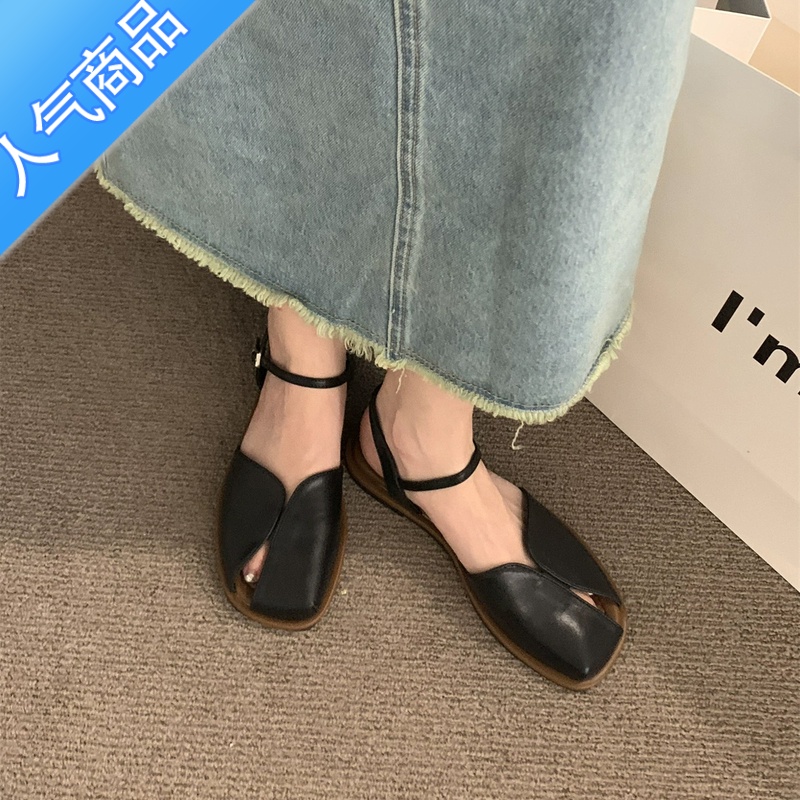 SUNTEK包头凉鞋女2023年新款夏季韩版森系复古仙女风休闲软平底罗马鞋子高清大图