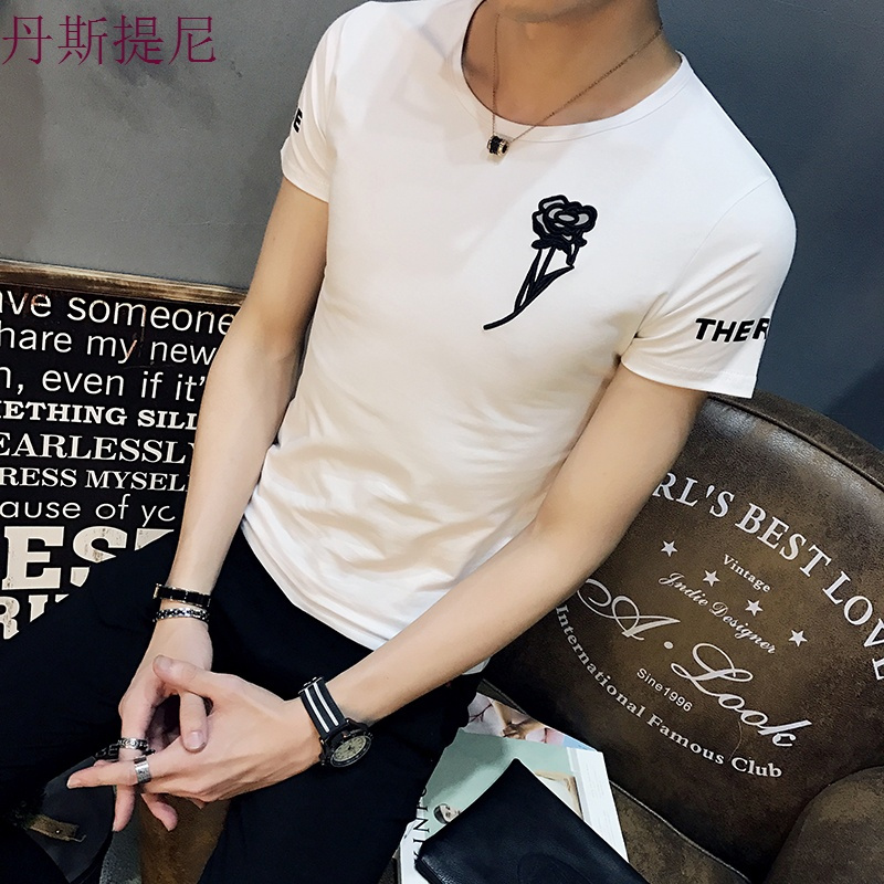 17夏季新款短袖T恤男韩版修身打底衫刺绣夜店时尚半袖体恤男装潮