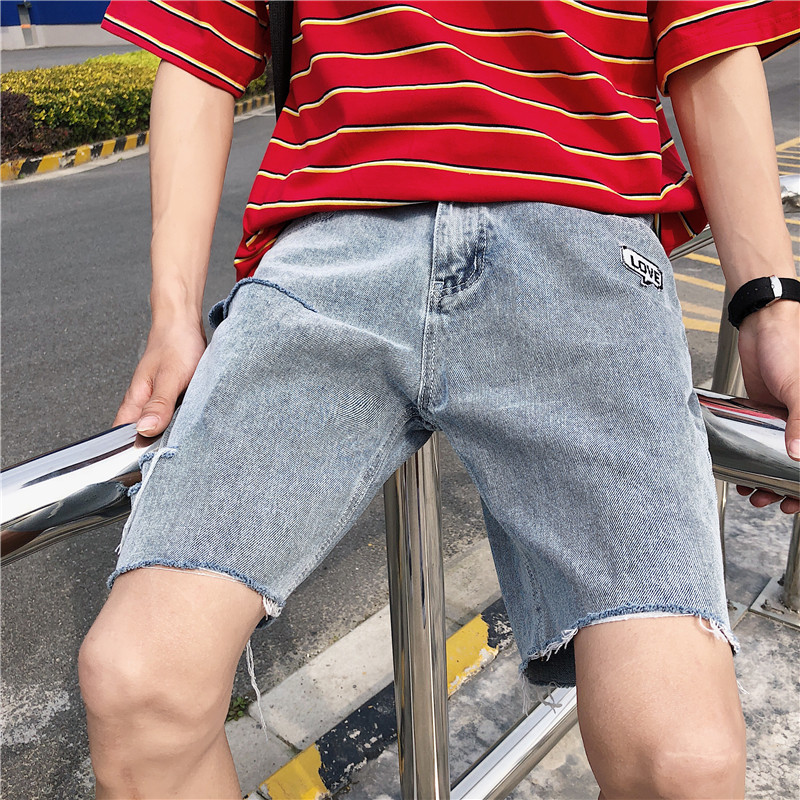 夏款男生短裤韩版简洁破洞五分裤大码牛仔中裤宽松时尚休闲裤潮