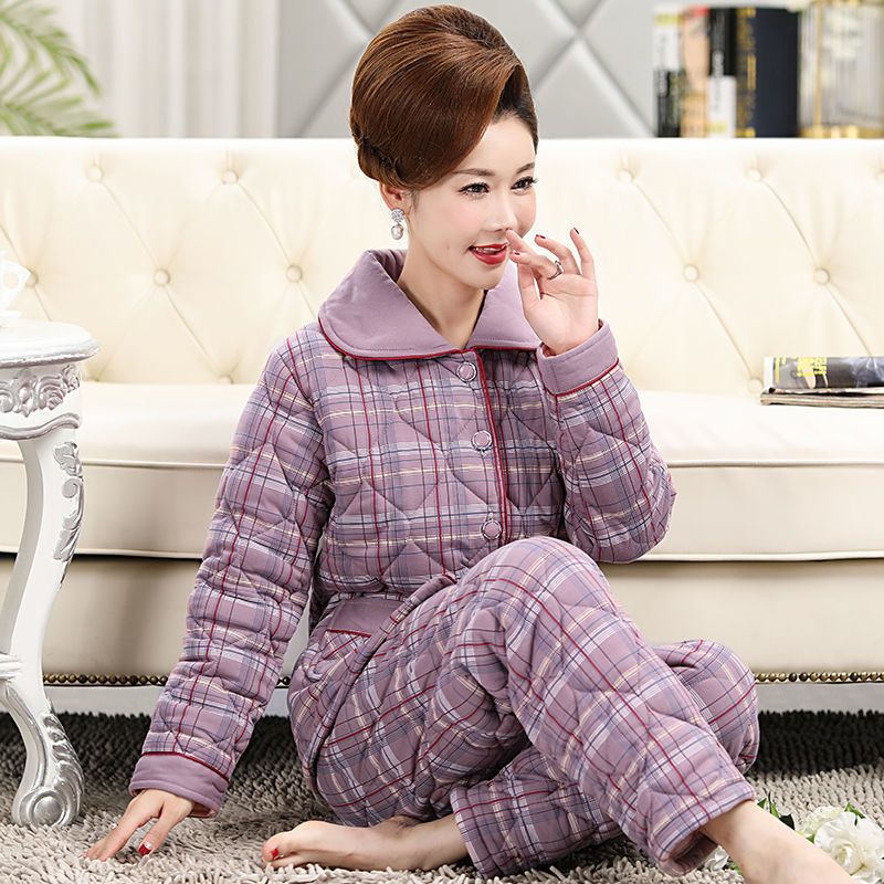 秋冬季中年妈妈婆婆女睡衣棉三层夹棉袄加厚保暖中老年人家居服