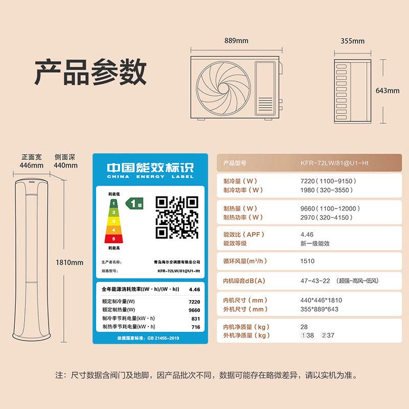 海尔空调柜机3匹 新一级能效 快速冷暖 家用节能省电变频自清洁客厅空调立式柜机KFR-72LW/81@U1-Ht图片