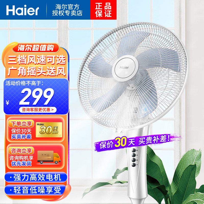 海尔（Haier）落地电风扇家用立式轻音低躁五叶三挡强风办公室宿舍