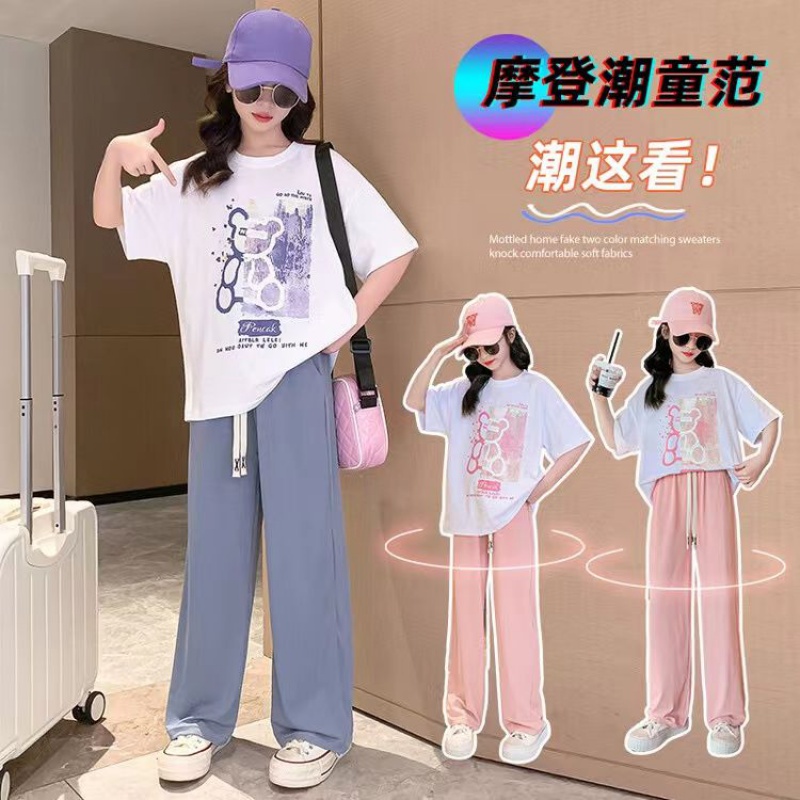 女童装夏装套装中大童洋气网红短袖T恤女孩休闲冰丝阔腿裤两件套高清大图