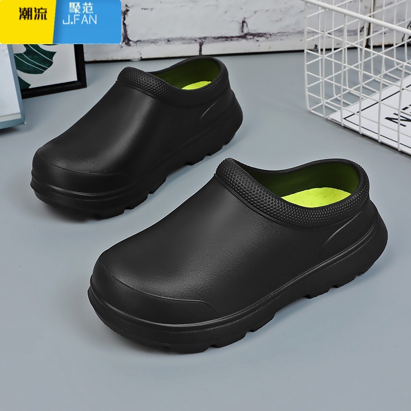 聚范厨师鞋男春季防滑防水防油厨房男鞋黑色厚底男士懒人一脚蹬工作鞋 黑色 43