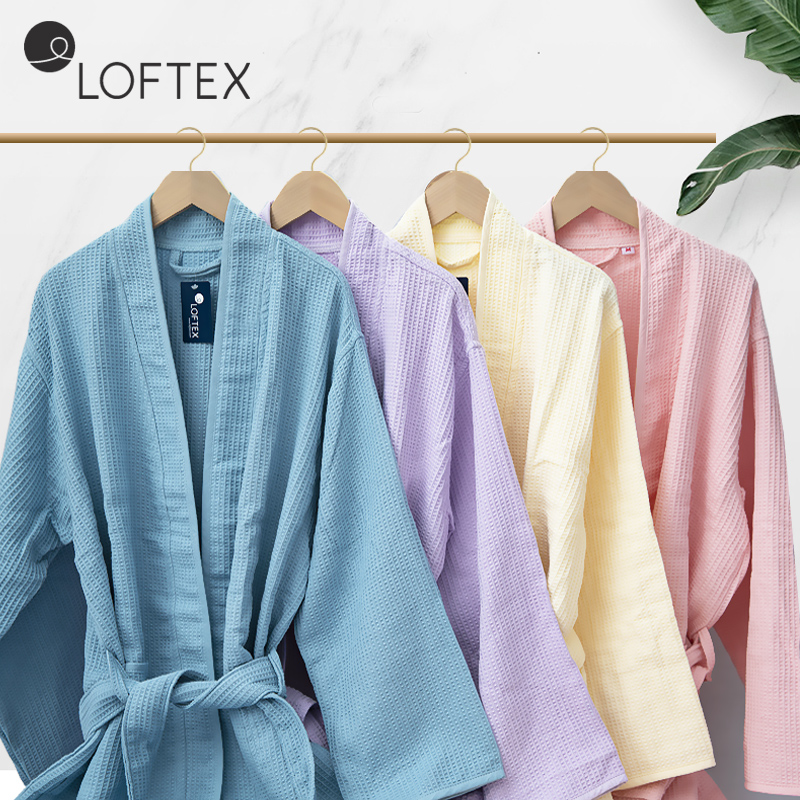亚光/LOFTEX 浴袍女夏季薄款睡袍男女士 中长款情侣长袖浴衣睡衣华夫格家居服M码粉色蓝色米色紫色高清大图