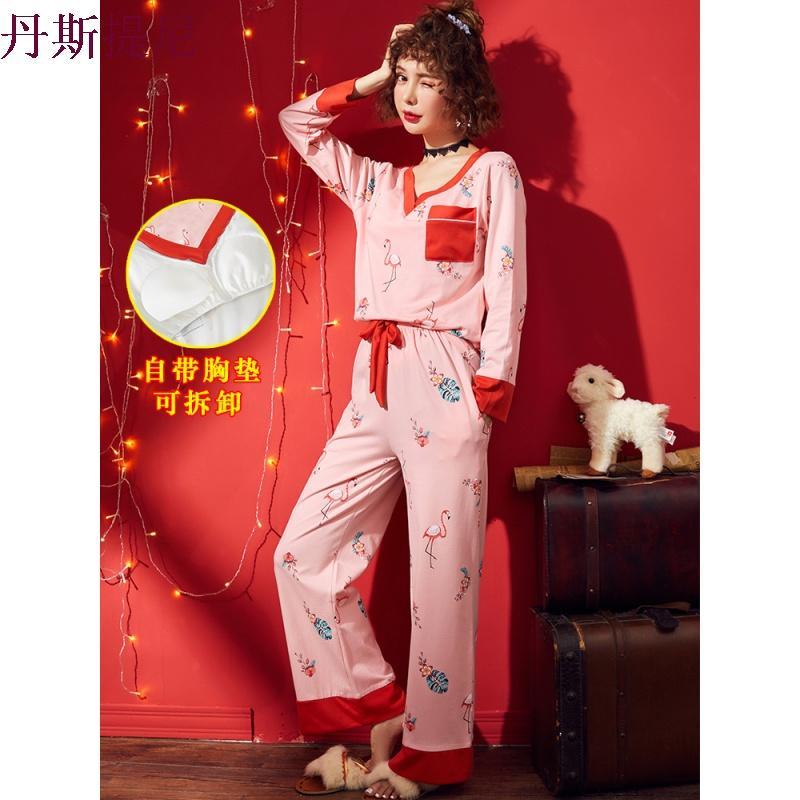 秋天女士睡衣女夏春秋季长袖纯棉薄款休闲韩版宽松可爱家居服套装