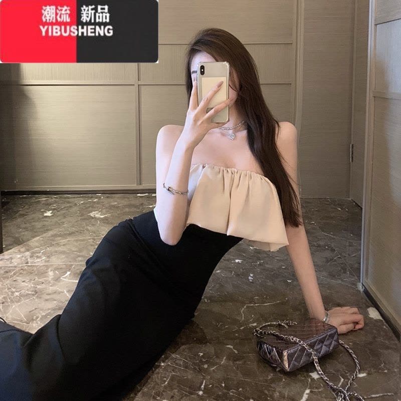 YIBUSHENG法式御姐气质连衣裙女新款性感一字领露肩雪纺抹胸礼服包臀长裙图片